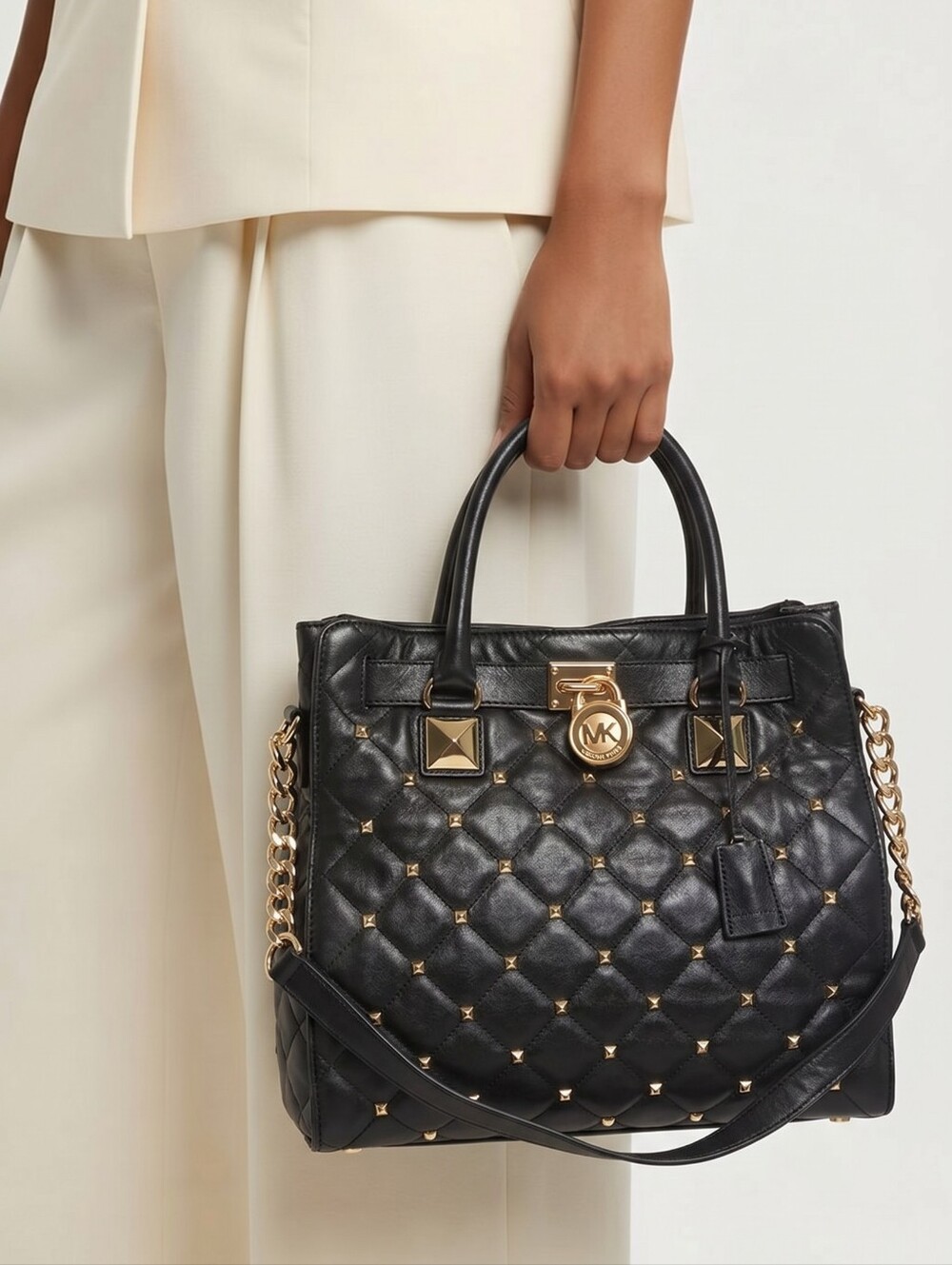 Michael Kors Hamilton Quilted Studded Leather Satchel Black Gold Hardware